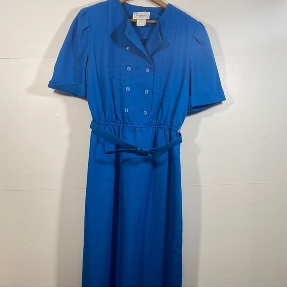Vintage 80s Leslie Fay Blue Puff Sleeve Day Dress - Picture 1 of 6